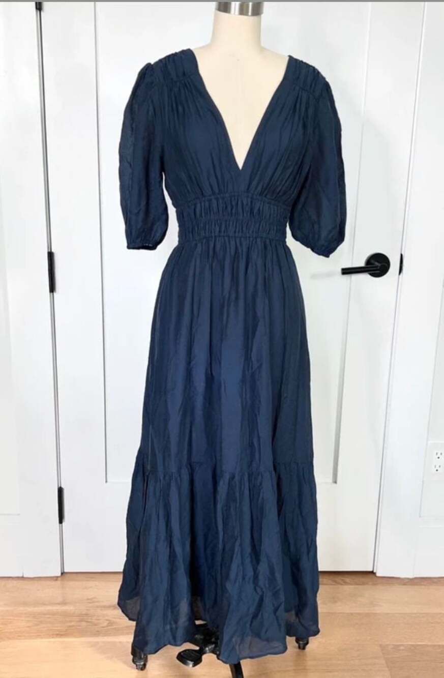 NEW Abercrombie & Fitch Navy Blue Midi Empire Waist Smocked Dress in size XS